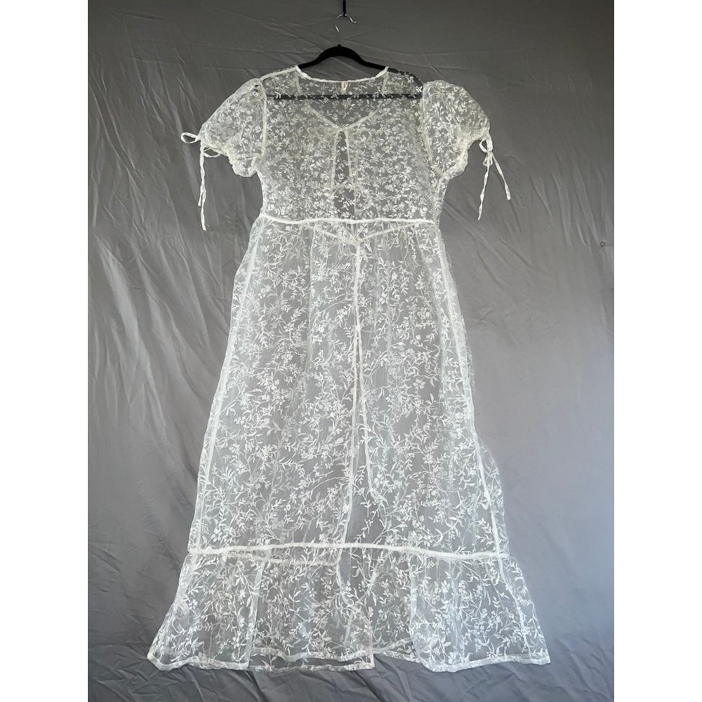 Anthropologie Sheer Floral Lace Maxi Duster Dress White Tie Front Puff Sleeve L - Picture 7 of 7